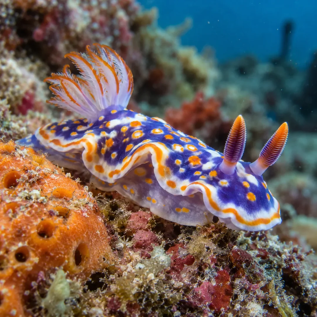 A colorful nudibranch crawls across a rocky reef beside an orange sponge.