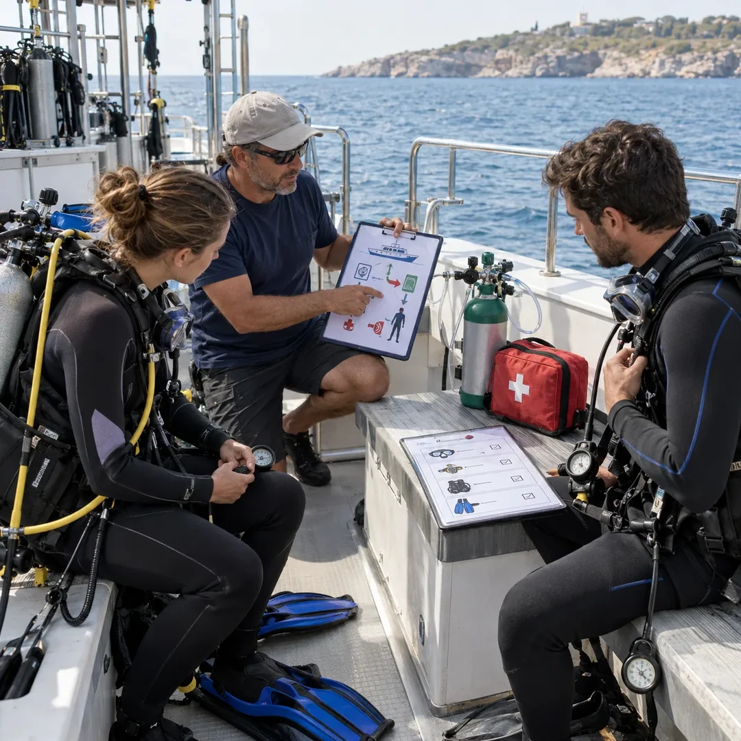 A dive operator briefing two divers beside a checklist, oxygen unit and first-aid kit on a dive boat deck.