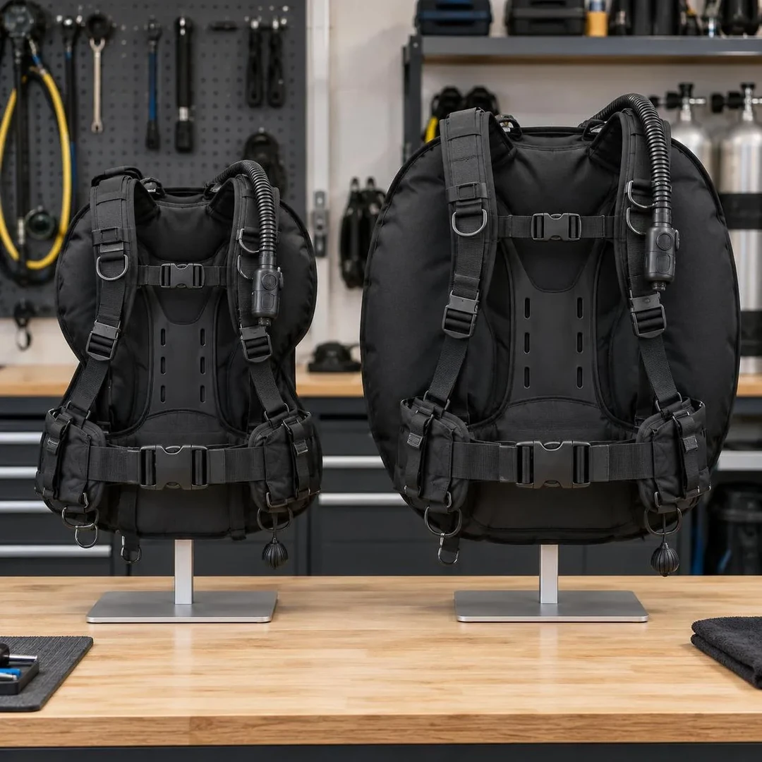 An illustrative image of two unbranded black back-inflate BCDs in different sizes at a dive equipment center, showing lift capacity changing by size.