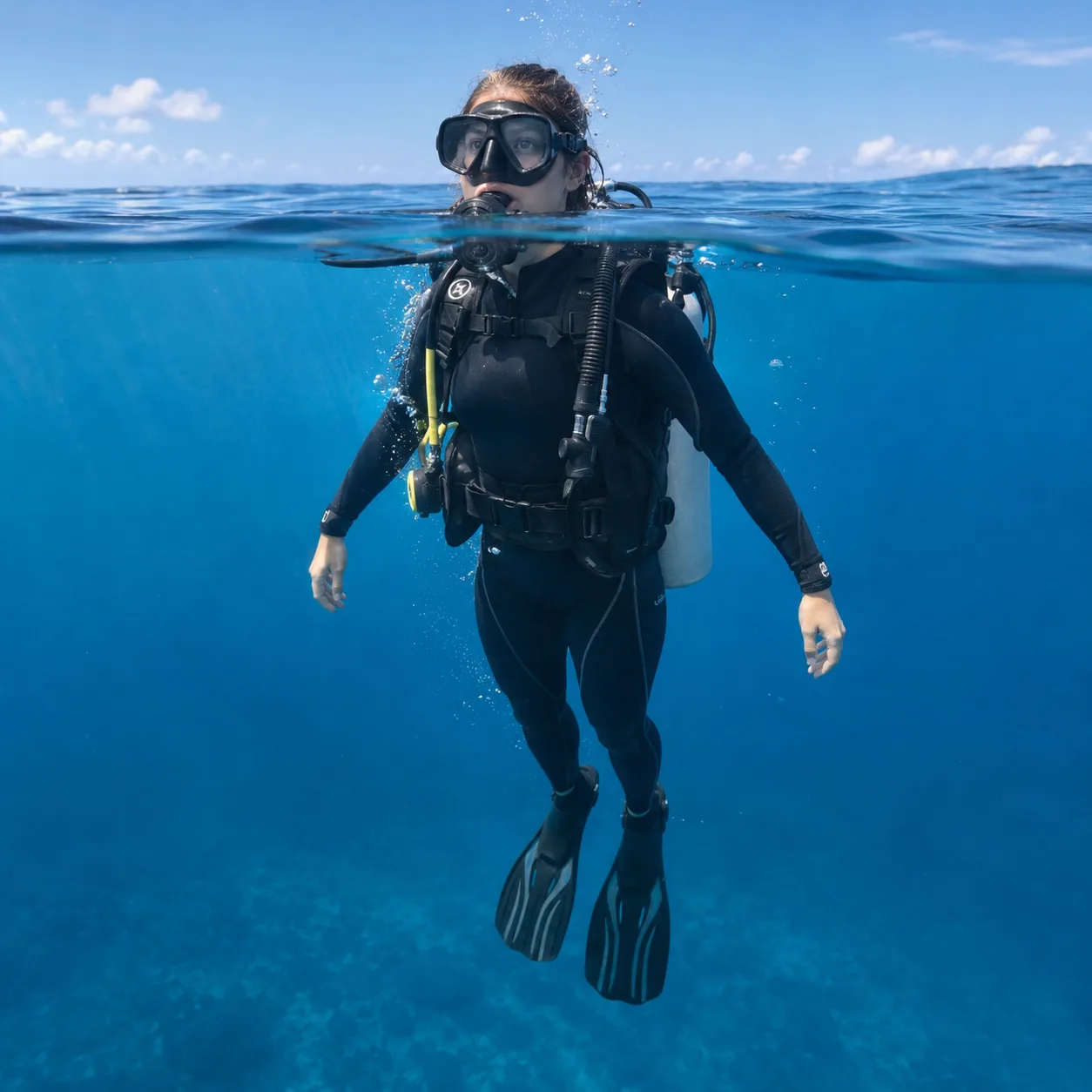 A diver with a scuba tank, regulator and BCD floats upright at the surface during a weight check for neutral buoyancy.