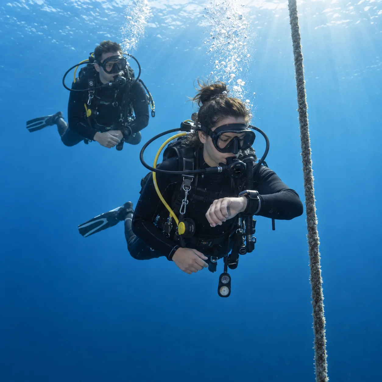 Two divers make a safety stop beside a mooring line in open water. One checks a dive computer, illustrating an essential diving skill.