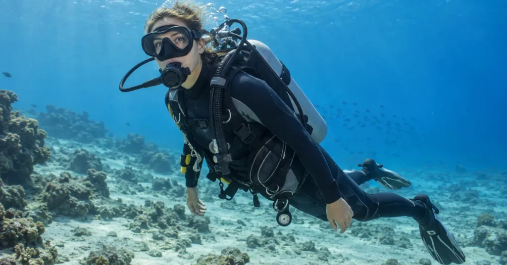 A scuba diver swimming above a sandy, rocky seabed with a black BCD, air tank, regulator, mask and fins.