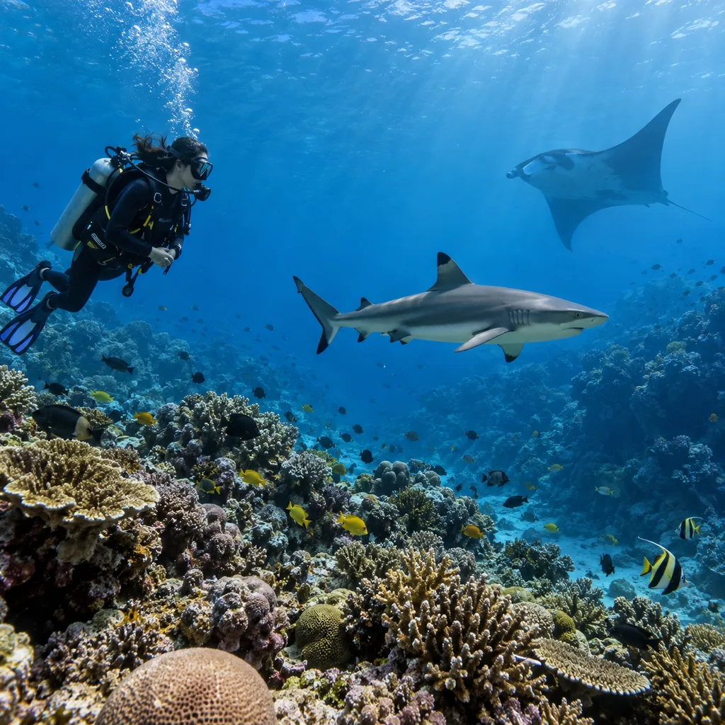 A scuba diver hovers above a reef while watching a reef shark and a manta ray from a distance.