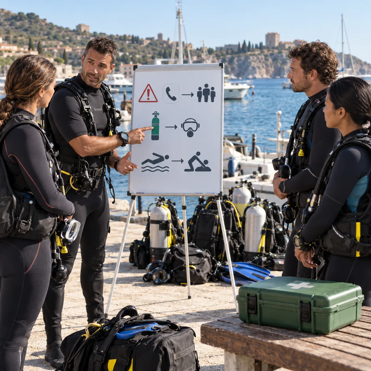 A dive instructor briefs divers on a marina dock beside an emergency symbols board and a closed oxygen kit, illustrating first aid readiness following SSI's adoption of Powered by DAN programs.