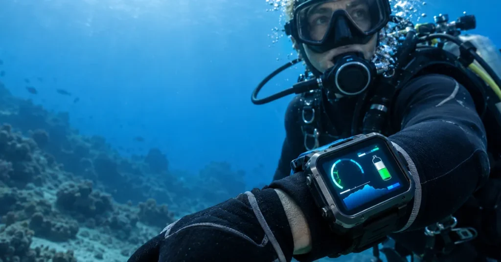 A scuba diver underwater shows a large illuminated dive computer on the wrist against a blue reef background.