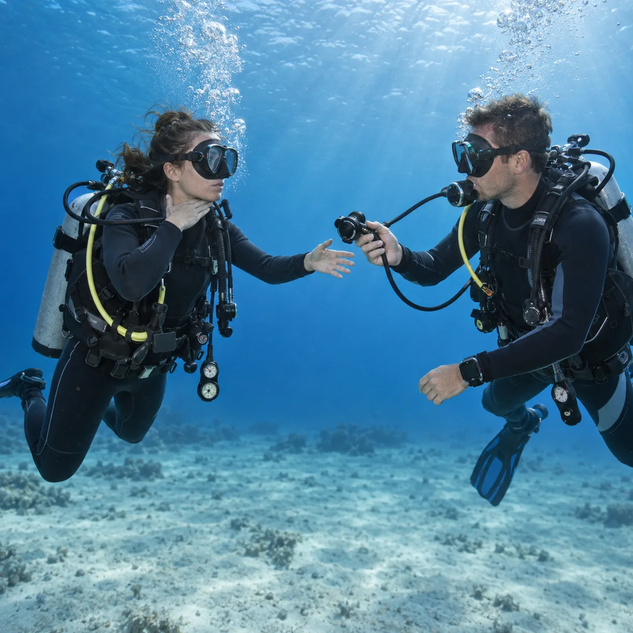 Two divers practice sharing an alternate regulator in open water after an out-of-air signal, demonstrating an essential diving skill.