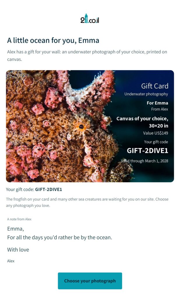 Sample 2Dive gift card email with a frogfish photograph, a personal note and a gift code