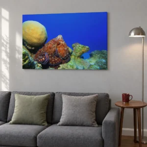 Large octopus reef canvas, 36 × 24 in (91 × 61 cm), above a gray living room sofa with cushions, beside a floor lamp and a table with a mug